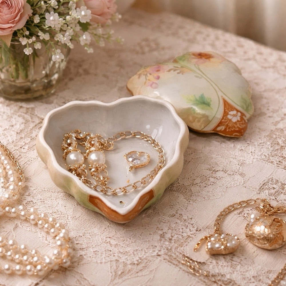 Vtg R.S. Suhl Heart Porcelain Trinket Box Floral Jewelry Dish Japan‎ 4.5"